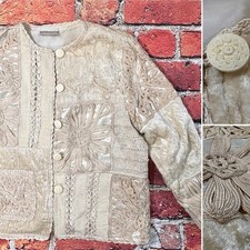 COLDWATER CREEK PATCHWORK JACKET MEDIUM VELVET EMBROIDERED BOHEMIAN IVORY