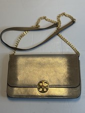 Tory Burch Metallic Leather Gold Chain Strap Logo Accent Cross Body Bag.