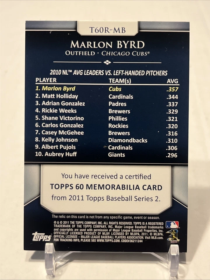 2011 Topps 60 Game Used Patch Jersey Marlon Byrd T60R-MB - Image 2 of 2