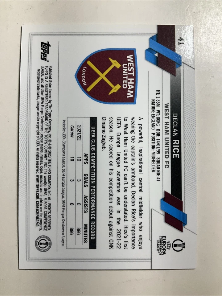 2022-23 Topps Chrome UEFA Club Competitions Declan Rice Hero Variation West Ham - Image 2 of 2