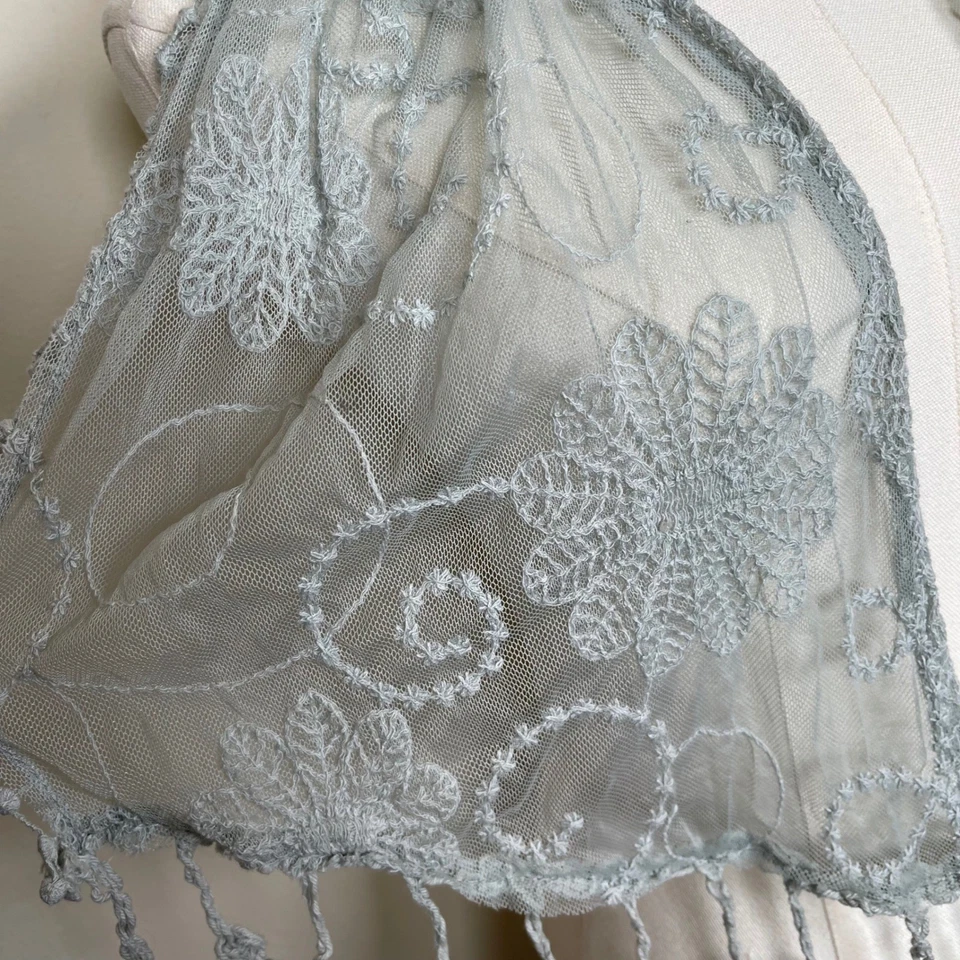 Vintage Sheer Lace Skinny Scarf Embroidered Floral Tassel Light Blue Y2K Fairy - Image 4 of 4