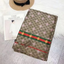 GUCCI SCARF SHAWL AUTHENTIC 100 SILK BEIGE BROWN CLASSIC LOGO BEE COLLECTION