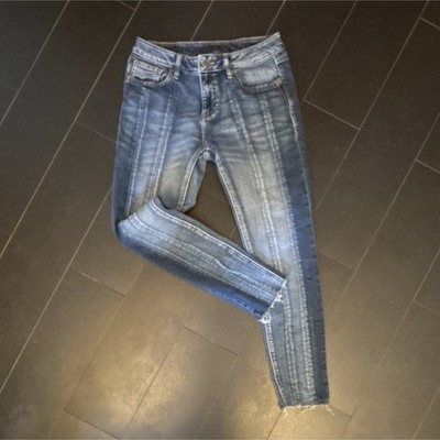 Miss Me Mid Rise Skinny Stretch Blue Denim Jeans Frayed Hem with Pockets Women