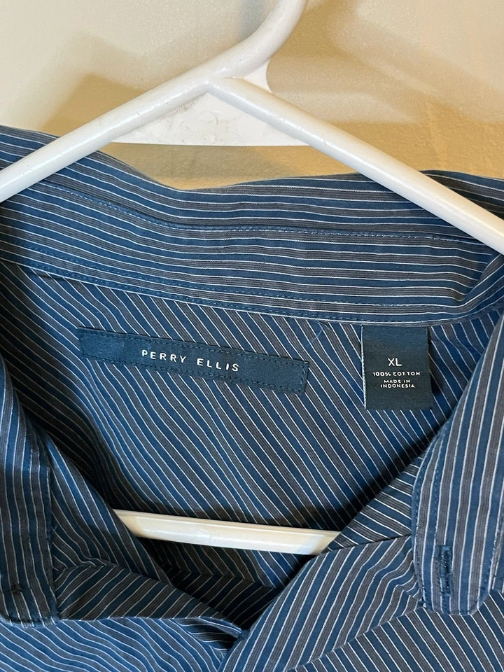 Camisa social masculina manga longa listrada azul GG Perry Ellis 100% algodão - Imagem 2 de 4