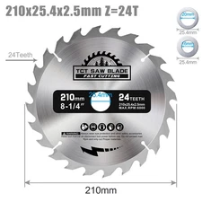 210mm Circular Saw Blade Wood Cutting 24-Tooth 1 inch Arbor Carbide Tip 8-1/4"