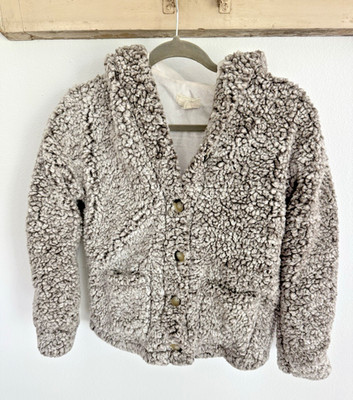Cupio Womens Sz S Taupe Gray Faux Sherpa Fleece Jacket Hooded Button Front