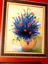ORIGINAL Bluebonnet Royal Bouquet Blue Yellow Red TX Wild Flowers SIGNED PaintIn