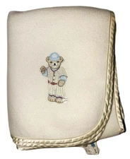Kids Line Baseball Bear Cream Beige Fleece Baby Blanket Satin Trim HTF 32x42
