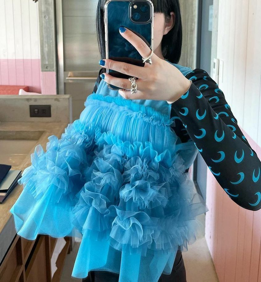 Noir Kei Ninomiya Blue Ruffled Buckled Open Back Tulle Top M Noir Kei Ninomiya Blue Ruffled Buckled Open Back Tulle Top M