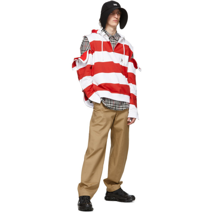 BURBERRY RED 2 IN 1 WHITE STRIPED COTTON LOGO DETACHABLE ZIP