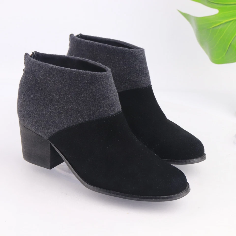 Toms Women's Lacy Boot Size 8 Block Heel Black Suede Gray Wool Bootie Comfy Boho - Imagem 2 de 4