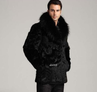 Rabbit Fur Men's Fur Jacket Winter Fox Fur Collar Zip Short Coat