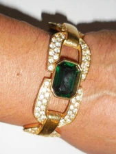 VINTAGE 80'S CINDY ADAMS BRACELET EMERALD GREEN STONES RHINESTOES
