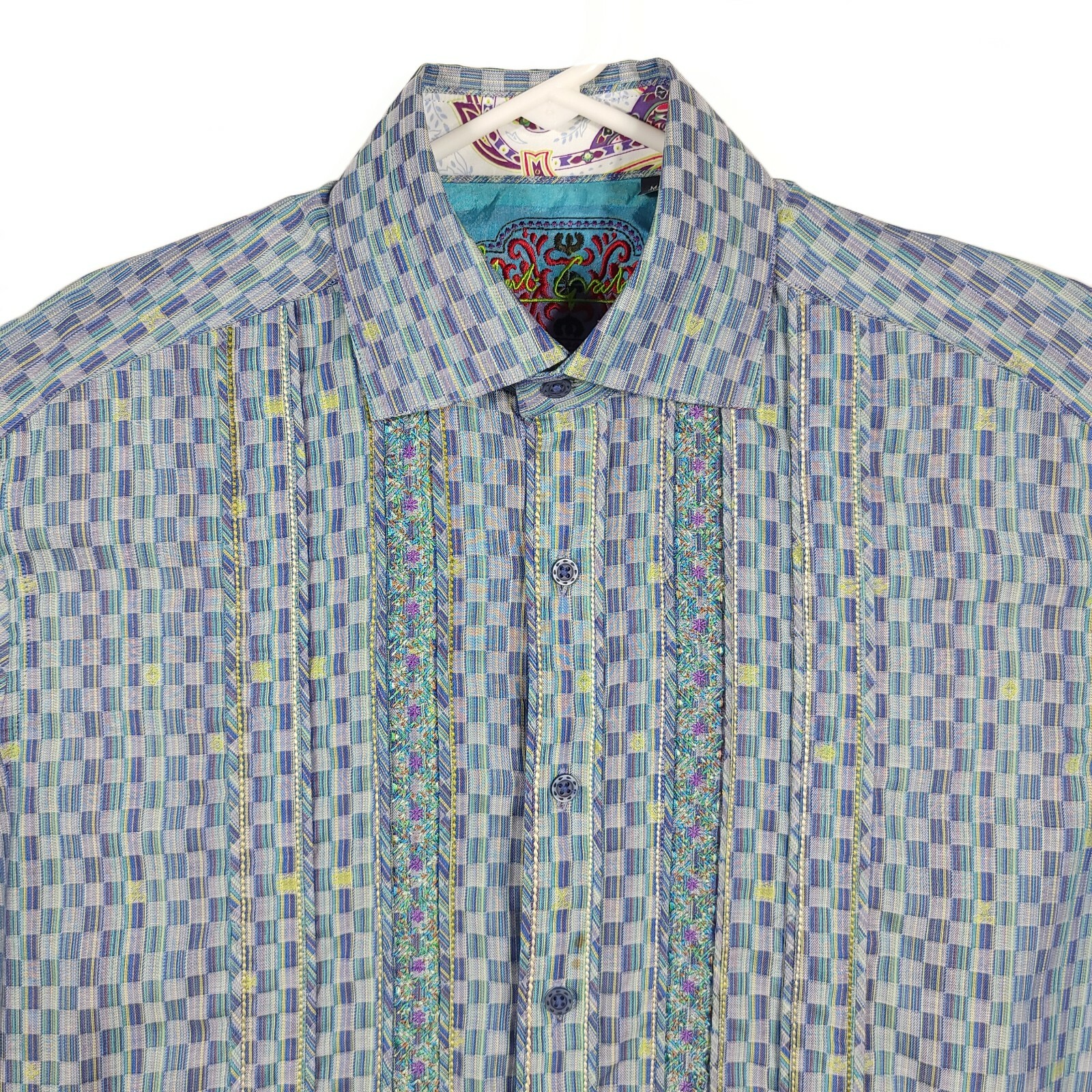 Robert Graham Mens M Blue Green Check Multicolor Silk Embroidered Sport
