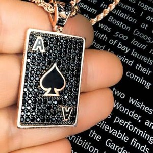 Authentic Men's Card Ace Of Spades Black Simulated Diamond Pendant Rose Gold Plated Silver