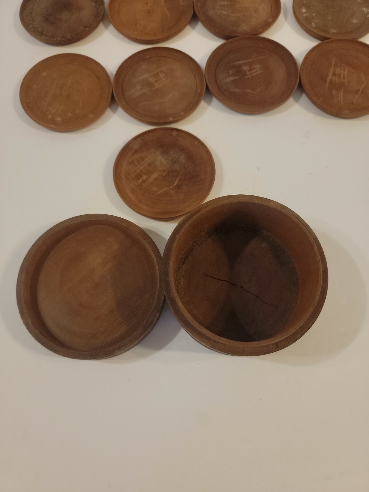 vintage Japanese coaster set wooden etched ornate Japan 9 coasters w