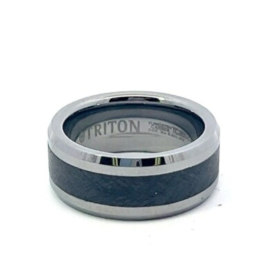 #ad Triton 9mm Tungsten amp; Dark Gray Florentine Ceramic Inlay Beveled Edge Band Ring $39.60