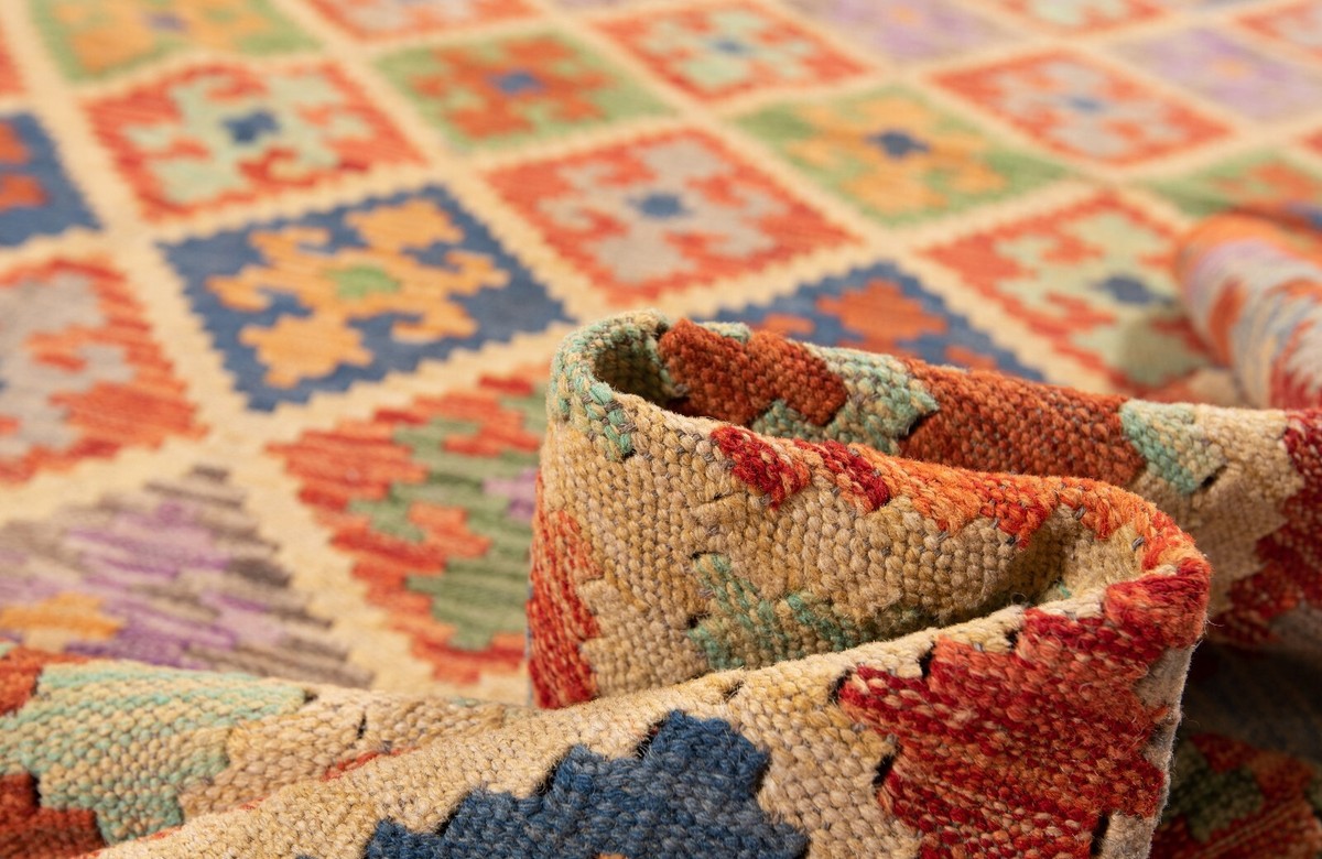 Grand Tapis Kilim Afghan Tissé Main - 245 X 174 Cm Laine Et Coton Multicolore