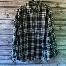 LL Bean Women's Long-Sleeved Button-Down Top Size M Black White Plaid Flannel