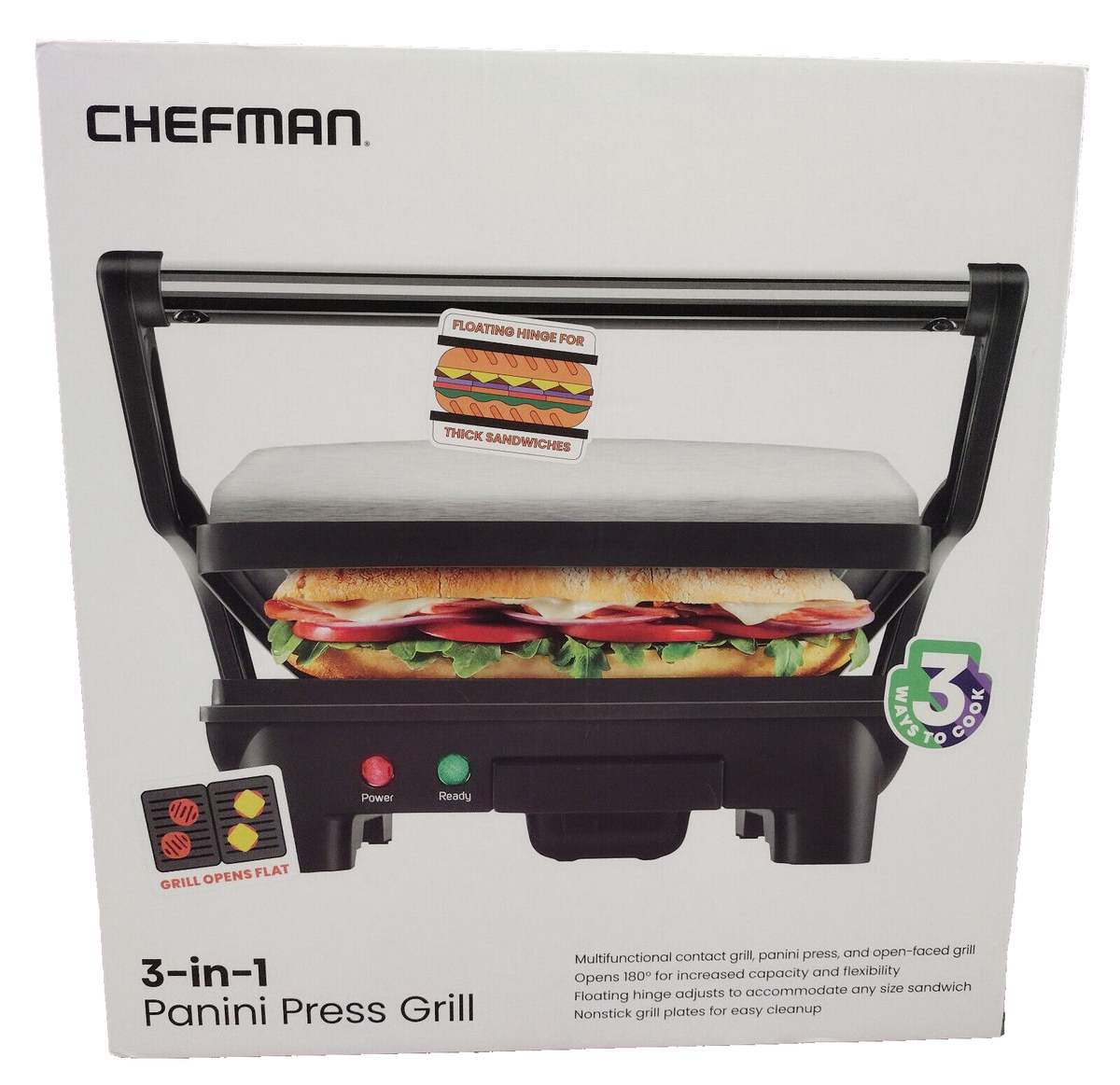 Chefman 3-in-1 Electric Indoor Panini Press Grill Opens Flat for - Main Image