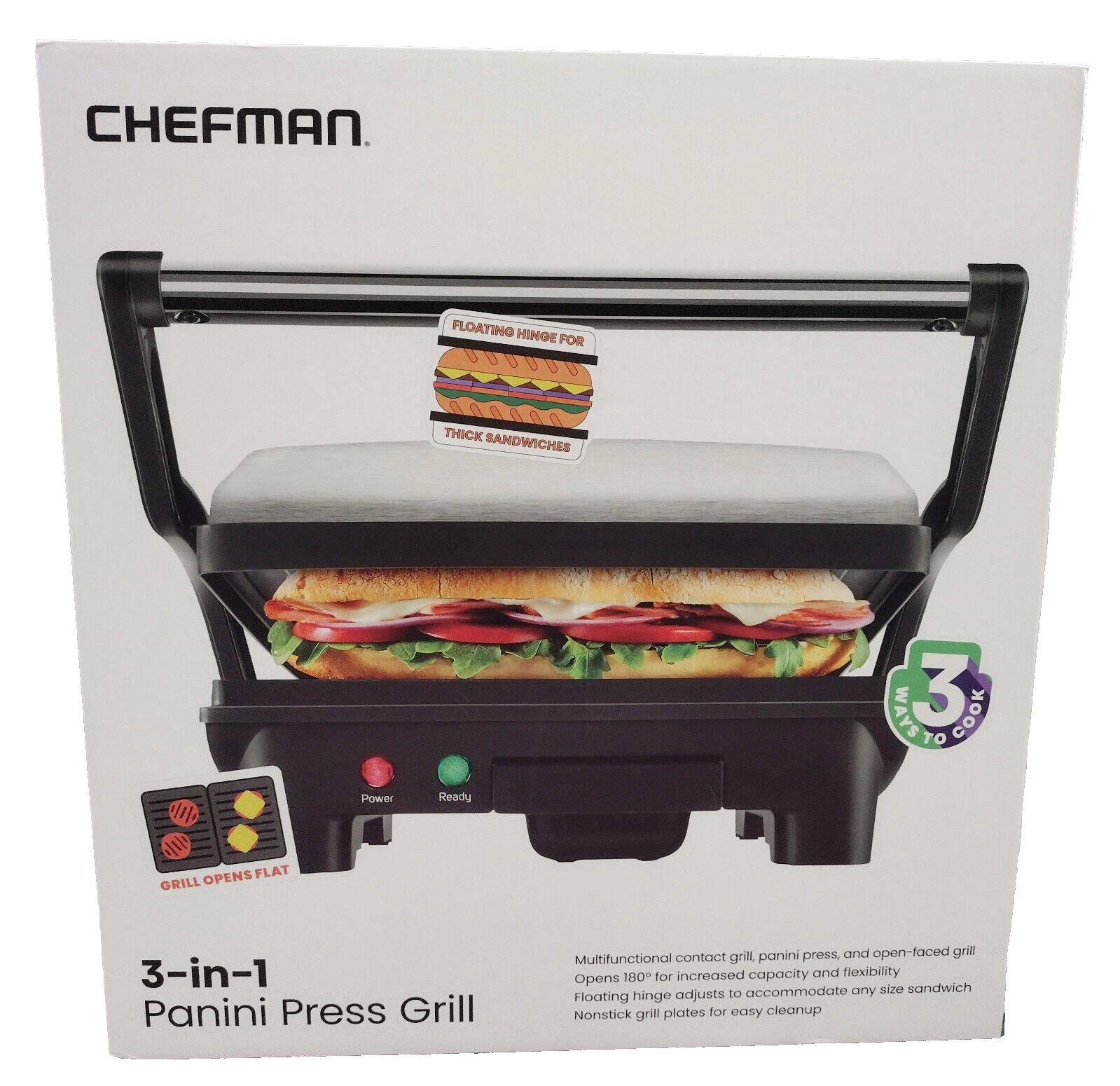 Indoor Panini Press Grill 3-in-1 Electric Chefman Opens Flat for Grilling NEW
Opens in a new window