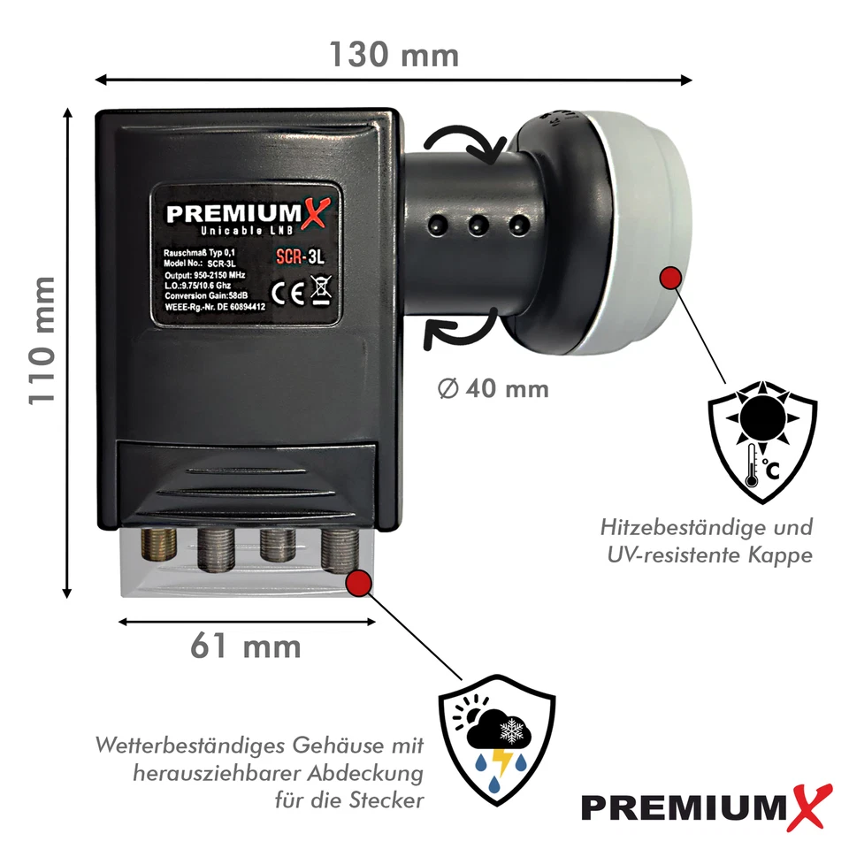 PremiumX SAT Unicable LNB SCR 4x cavo unico 3x ricevitore legacy cavo singolo sistema 4K - Immagine 3 di 4