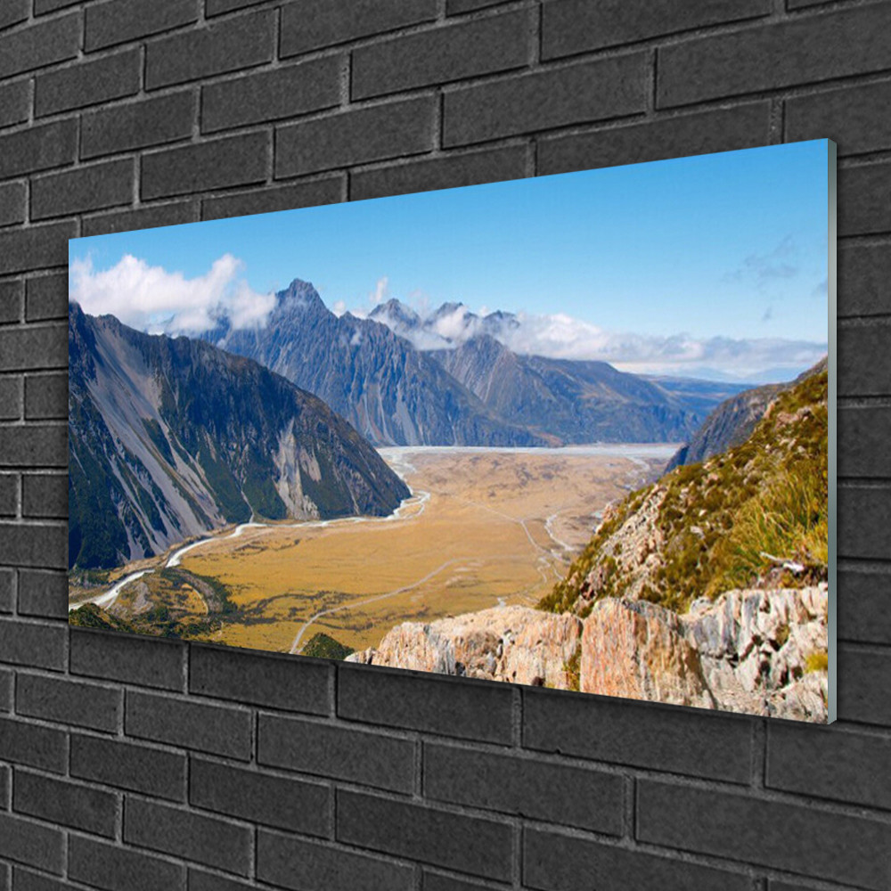 Tableau sur verre paysage montagnes impression murale panoramique 100x50 pour décoration