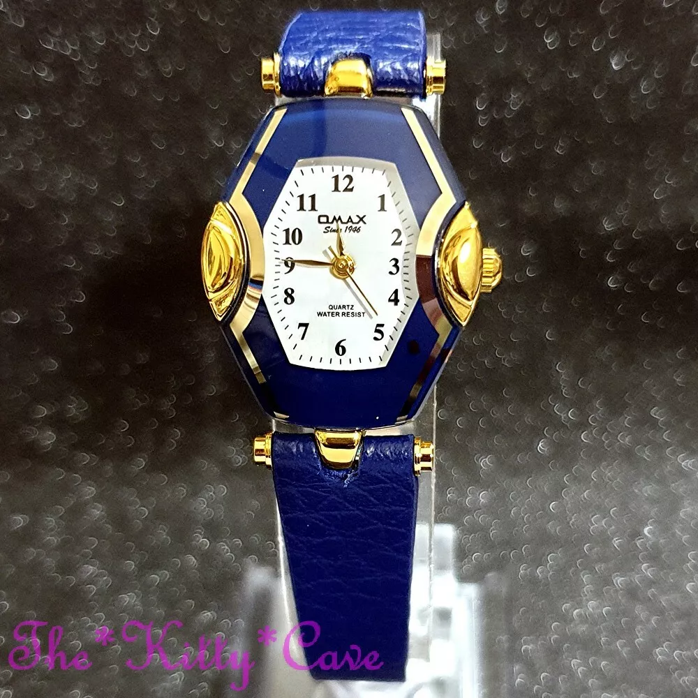 Swiss OMAX Gold White Slim Seiko Movt Blue Mirror Glass Leather