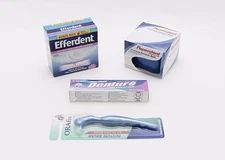 DENTURE COMPLETE CARE KIT BATH CASE BRUSH CLEANSER TABLETS AND ADHESIVE