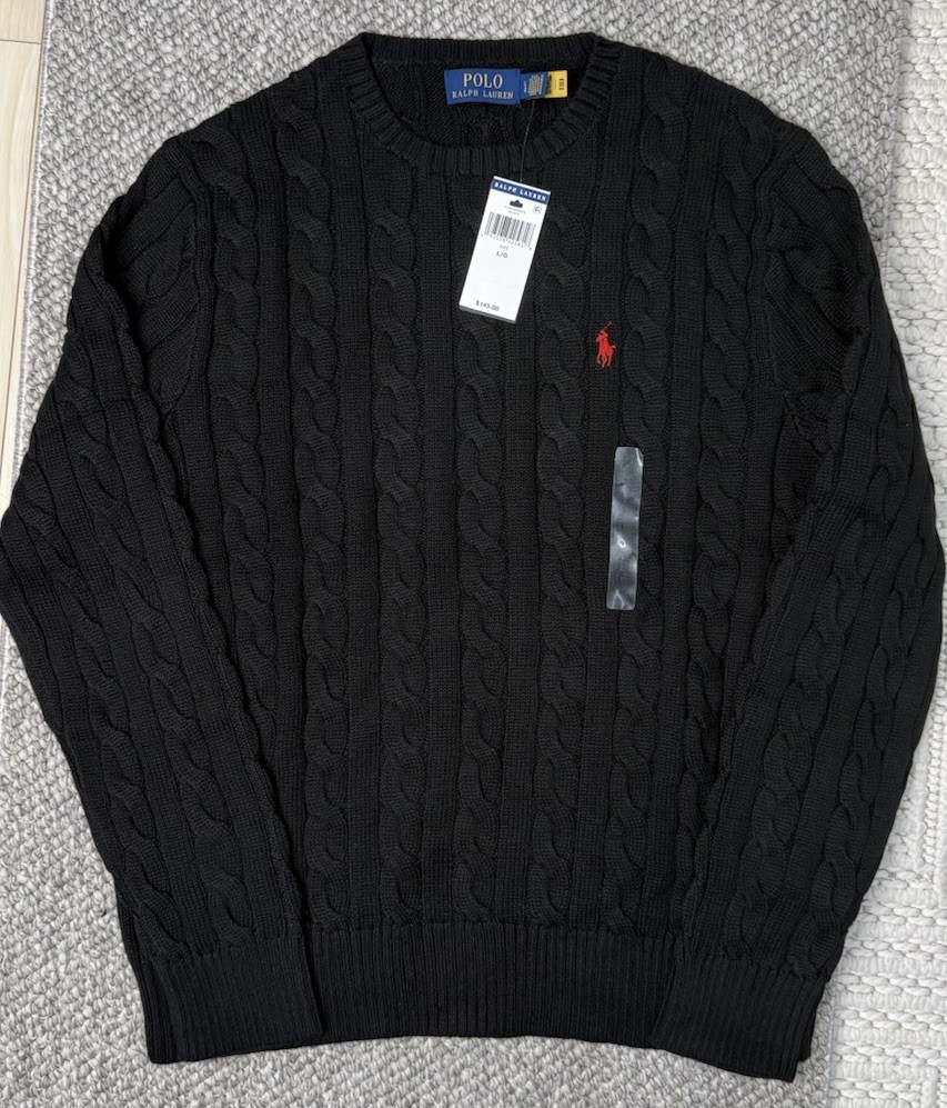 NWT Polo Ralph Lauren Black Men's Large Cable Knit Crew-Neck