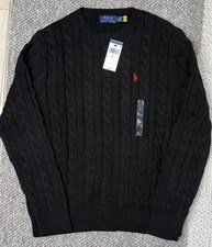 NWT Polo Ralph Lauren Black Men's Large  Cable Knit Crew-Neck Pullover Sweater