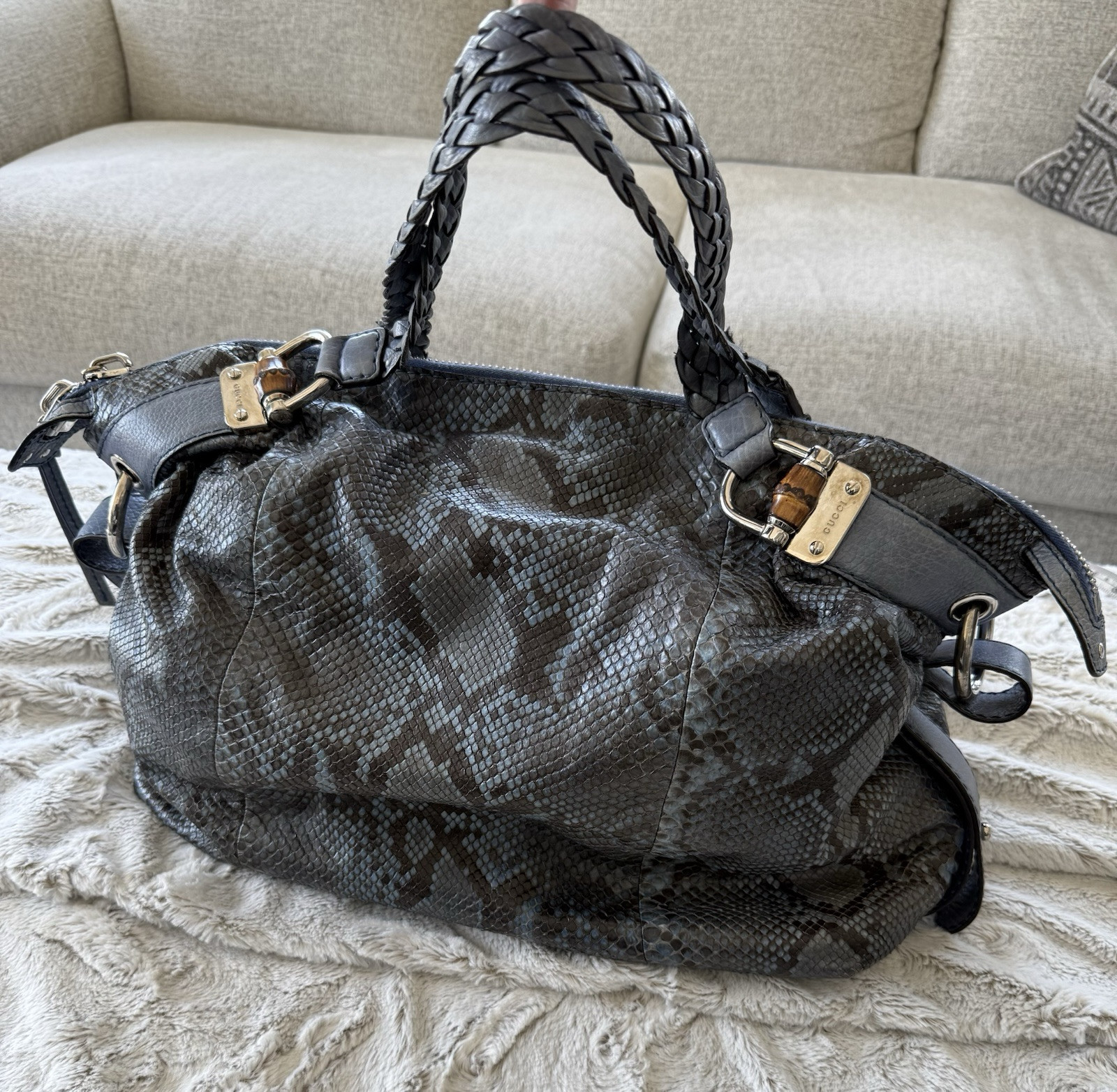 AUTHENTIC large GUCCI Blue Python shoulder bag wi… - image 1