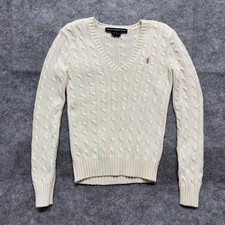 Ralph Lauren Sport Cable Knit Sweater Womens Small Ivory Cotton V-Neck Pony Y2K