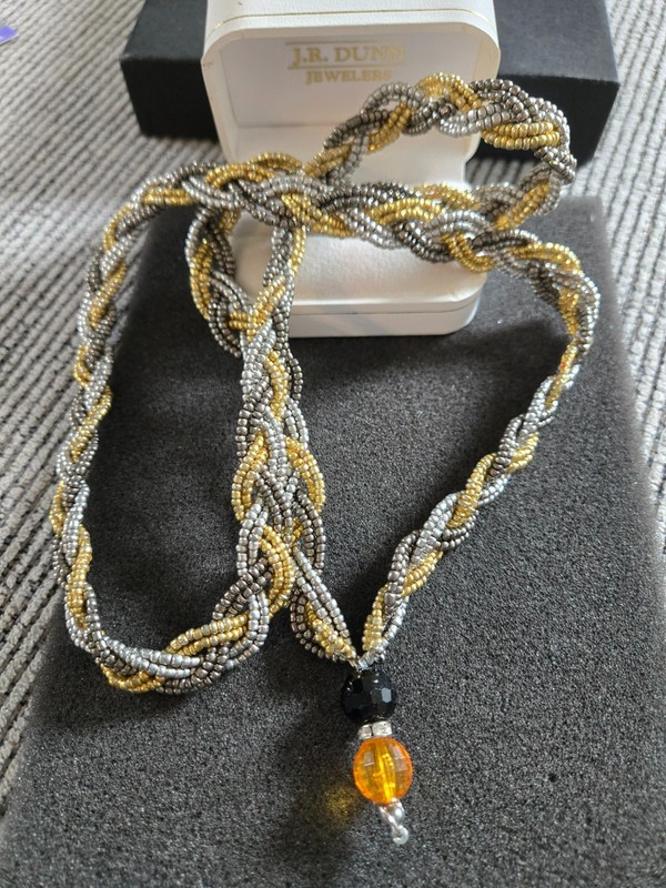 Long Braided Beaded Necklace / Lanyard Silver Gold Bronze Beaded