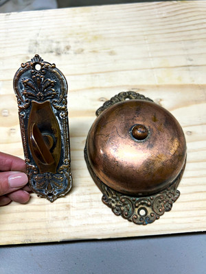 Russell & Erwin Antique Mechanical Door Bell w/ Ornate Pull Plate circa 1890s.