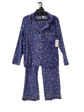 Joyspun Velour Pajamas Stars Women's S Blue Button Up 2 pc Long Sleeve Soft NEW