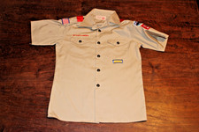 Boy Scouts of America BSA Youth Shirt Tan Large Glued Patches Short Sleeve