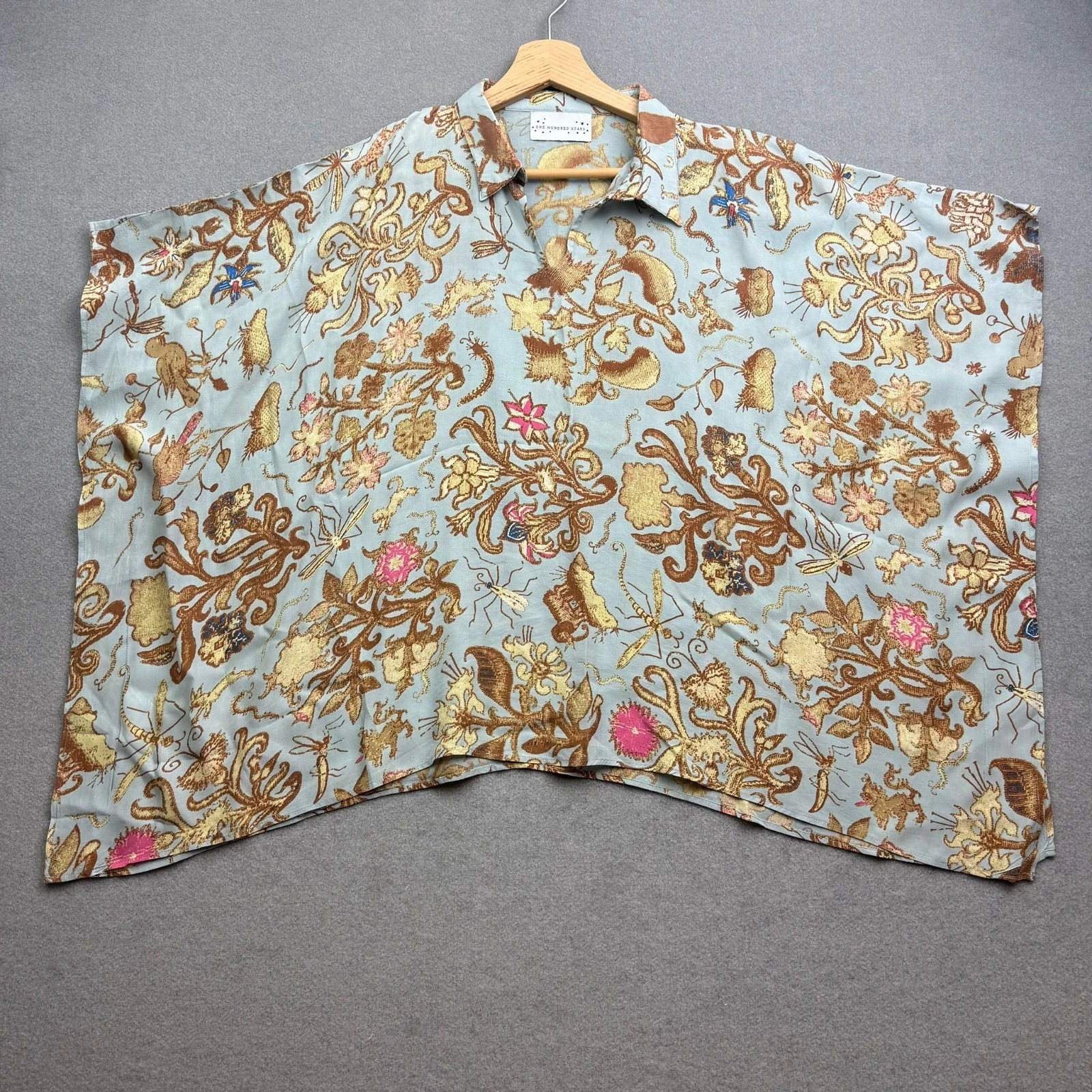ONE HUNDRED STARS Throwover Kimono Kew Floral Boho Poncho Cape Beach Garden AOP