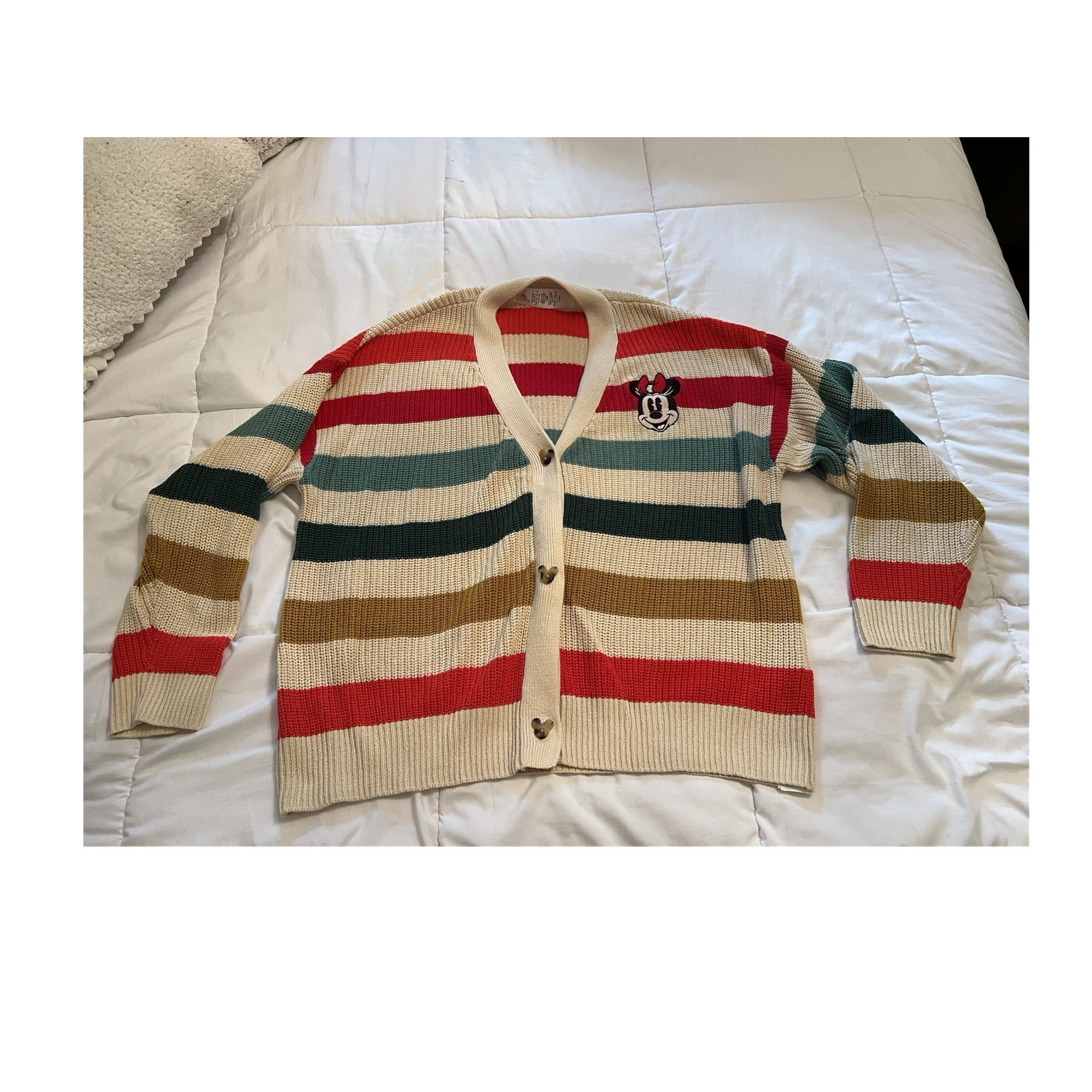 Disney Minnie Mouse Orange green Striped Knit Cardigan Sweater  1950’s inspired