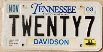 Tennessee license plate - Vanity - Twenty 7 - 27 - Low Number
