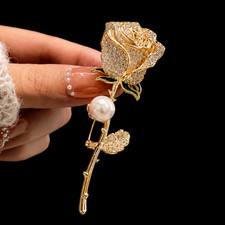Luxury Gold Rose Flower Brooch Pin for Women Rhinestone Crystal Wedding Gift