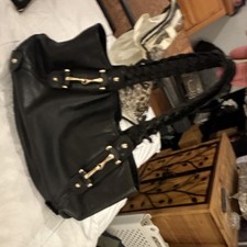 Gucci Black Shoulder Bag Braided Strap Gold Hardware Zip Closure Inner Pockets