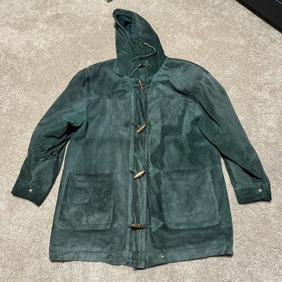 G-III Hooded Coat Mens Large Green Suede Duffle Toggle Jacket Warm Pockets