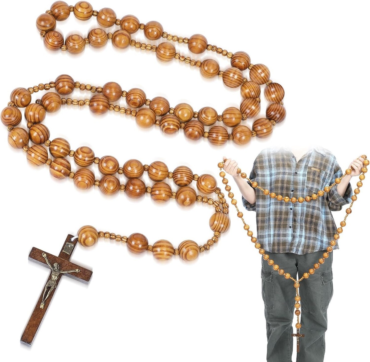 Giant Big Beads Rosario Natural Wood Jesus WOOD Cross XL Large 36 