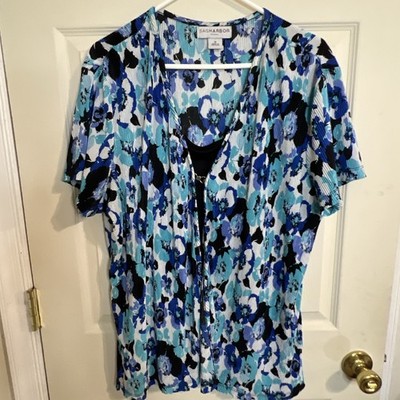 Sag Harbor 1x Black/ Blue Floral 2 In 1 Attached Blouse Tank SS. Stretches