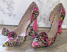Betsey Johnson Noble Bow Pump Pink Cheetah Block Leather Floral Point Toe 4 Heel
