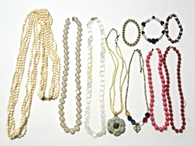 Vintage Necklaces + Bracelets off-white, pink, white. squares, plastic beads +