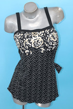 MAXINE VINTAGE SWIMSUIT SIZE 14 BLACK GOLD WHITE BUTTON ADJUSTABLE SWIMDRESS 1PC