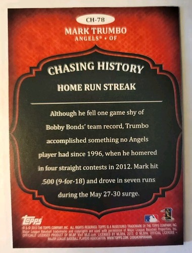 Mark Trumbo 2013 Chasing History Insert CH-78 Los Angeles Angels - Picture 2 of 2