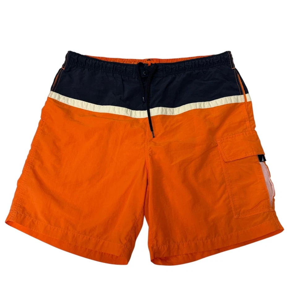 Vtg 80's Nautica Swim Trunks Orange Blue COLORBLOCK Spell Out LOGO Surfer Shorts - Image 2 of 4